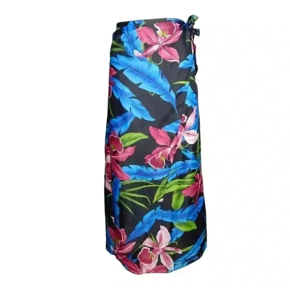 Hilo Hattie Hawaiian Wrap Skirt Sarong Black Pink Blue Floral Print One Size